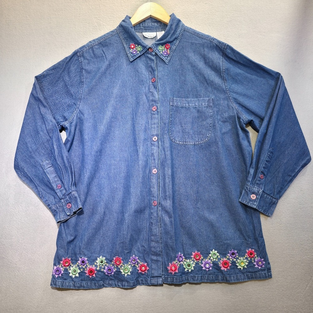 Vintage Lemonade Women's Denim Floral Long Sleeve Button‎ Up Shirt Size 2X